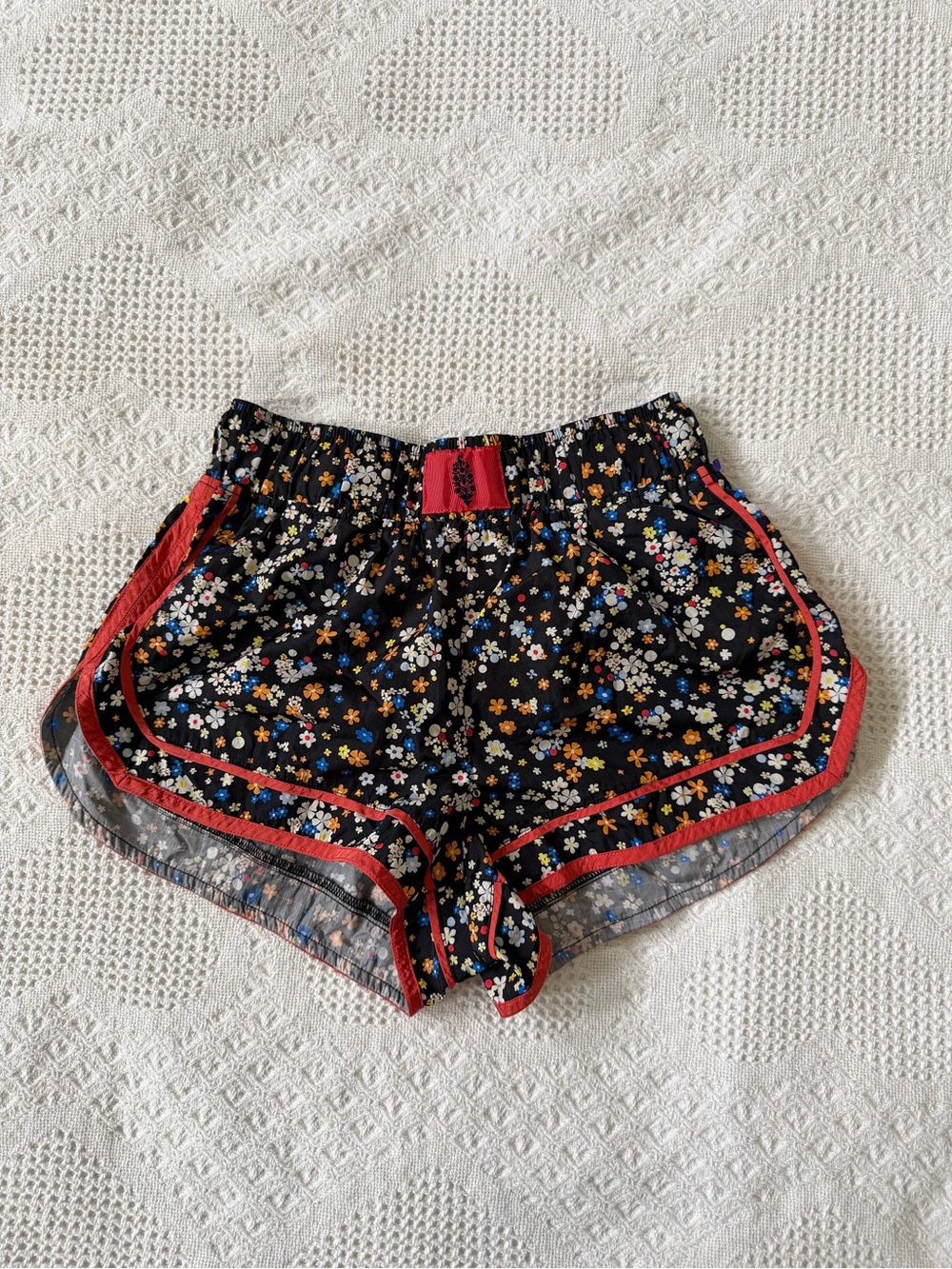 Free People Black Floral Athletic Shorts with Red Trim